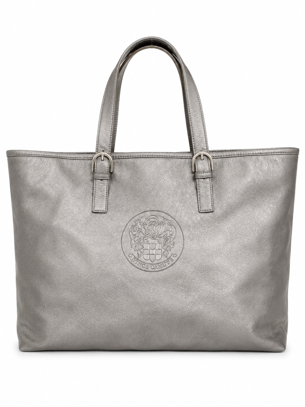 Vince Camuto Metallic Pewter Silver Large Tote Bag Hot Pink Lining
